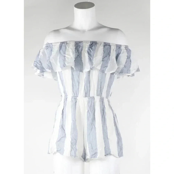 LF Seek The Label Off The Shoulder Striped Romper Medium Blue White Ruffle Trim - Picture 2 of 8
